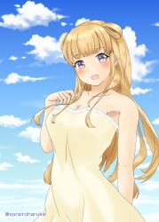 Rule 34 | 1girl, absurdres, alternate costume, bare shoulders, blonde hair, blue sky, breasts, cleavage, cloud, commentary request, cowboy shot, double bun, dress, fletcher (kancolle), hair bun, highres, jewelry, kantai collection, large breasts, long hair, necklace, purple eyes, sky, smile, solo, sorairo haruka, strapless, strapless dress, twitter username