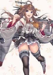 Rule 34 | 1girl, ahoge, bad anatomy, bad perspective, black skirt, black thighhighs, blush, brown hair, clenched hands, detached sleeves, double bun, hair bun, headgear, highres, japanese clothes, kantai collection, kongou (kancolle), kongou kai ni (kancolle), long hair, long sleeves, machinery, nontraditional miko, open mouth, pleated skirt, purple eyes, ribbon-trimmed sleeves, ribbon trim, rigging, rudder footwear, skirt, smile, solo, thighhighs, turret, wide sleeves, zombie mogura