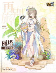 Rule 34 | 1girl, anklet, armlet, bare legs, bare shoulders, benghuai xueyuan, bracelet, breasts, character name, cleavage, copyright name, flower, full body, hair flower, hair ornament, hair over one eye, highres, holding, holding jar, honkai (series), jar, jewelry, light brown hair, long hair, looking at viewer, medium breasts, midriff, navel, official art, pelvic curtain, purple eyes, rita rossweisse, sandals, smile, snake, solo