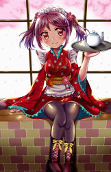 Rule 34 | 1girl, apron, black pantyhose, boots, breasts, commentary request, cross-laced footwear, floral print, frilled apron, frills, hair bobbles, hair ornament, izumi shara, japanese clothes, kantai collection, kimono, lace-up boots, looking at viewer, maid, maid headdress, medium breasts, pantyhose, pink eyes, pink hair, red kimono, sazanami (kancolle), school uniform, serafuku, short hair, sitting, solo, teapot, tray, twintails, wa maid, waist apron, white apron