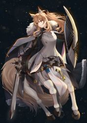 Rule 34 | 1girl, absurdres, animal ear fluff, animal ears, arknights, armor, blemishine (arknights), blonde hair, breastplate, brown eyes, cape, centaur, commentary request, fur-trimmed cape, fur trim, highres, holding, holding sword, holding weapon, horse ears, light particles, long hair, monster girl, monsterification, mr.blackcat666, parted lips, plate armor, shield, solo, sword, tail, taur, vambraces, weapon