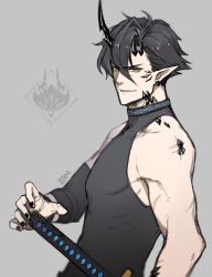 Rule 34 | 1boy, arknights, birb b304, bishounen, black hair, black nails, black shirt, choker, flamebringer (arknights), grey background, highres, horns, infection monitor (arknights), katana, looking at viewer, male focus, material growth, nail polish, oripathy lesion (arknights), pointy ears, shirt, short hair, simple background, single horn, sleeveless, solo, sword, toned, toned male, upper body, weapon
