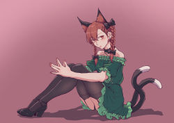 Rule 34 | 1girl, absurdres, adapted costume, animal ears, bare shoulders, black bow, black footwear, black panties, black ribbon, black thighhighs, bow, braid, cat ears, cat tail, choker, dress, extra ears, frilled dress, frilled sleeves, frills, garter straps, green dress, hair bow, high heels, highres, juliet sleeves, kaenbyou rin, lace, lace-trimmed legwear, lace trim, long hair, long sleeves, multiple tails, nekomata, panties, puffy sleeves, red eyes, red hair, ribbon, short sleeves, stank, strappy heels, tail, thighhighs, thighs, touhou, twin braids, two tails, underwear