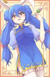 Rule 34 | 1girl, adapted costume, alternate hairstyle, animal ears, blue dress, blue hair, china dress, chinese clothes, commentary, cowboy shot, crescent print, dango, double bun, doughnut hair bun, dress, earclip, food, hair bun, highres, holding, holding food, long hair, looking at viewer, neko mata, rabbit ears, rabbit girl, red eyes, seiran (touhou), short sleeves, solo, standing, star (symbol), star print, touhou, wagashi, yellow background