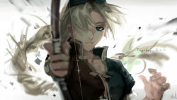Rule 34 | 1girl, aiming, aiming at viewer, bad id, bad pixiv id, blurry, bow (weapon), braid, character name, depth of field, fancybetty, grey eyes, hair over one eye, holding, holding bow (weapon), holding weapon, long hair, silver hair, solo, touhou, very long hair, weapon, white background, yagokoro eirin