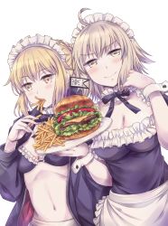 Rule 34 | 2girls, ahoge, apron, armor, artoria pendragon (all), artoria pendragon (alter swimsuit rider) (fate), artoria pendragon (alter swimsuit rider) (second ascension) (fate), artoria pendragon (fate), bikini, blonde hair, blush, breasts, eating, fate/grand order, fate/stay night, fate (series), food, highres, holding, holding food, holding plate, jacket, jeanne d&#039;arc (fate), jeanne d&#039;arc alter (fate), looking at viewer, maid, maid apron, maid bikini, maid headdress, multiple girls, open clothes, open mouth, plate, plate armor, saber alter, short hair, silver hair, smile, swimsuit, takitarou, unconventional maid, yellow eyes
