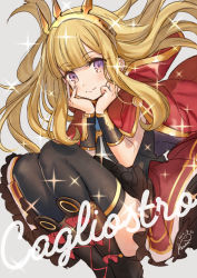Rule 34 | 1girl, black thighhighs, blonde hair, blush, boots, brown thighhighs, cagliostro (granblue fantasy), cape, character name, closed mouth, dated, floating hair, granblue fantasy, grey background, hairband, kippu, long hair, looking at viewer, purple hair, red cape, signature, skirt, smile, solo, sparkle, spiked hairband, spikes, thighhighs
