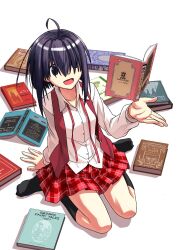 Rule 34 | 1girl, :d, akamatsu ken, black eyes, black socks, blue hair, book, breasts, collarbone, commentary, dress shirt, english text, floating, floating object, from above, hair over eyes, highres, kneehighs, long sleeves, looking at object, magic, mahora academy middle school uniform, mahou sensei negima!, miyazaki nodoka, neck ribbon, no shoes, official art, on ground, open book, open clothes, open mouth, open vest, pile of books, plaid, plaid skirt, pleated skirt, promotional art, reading, red ribbon, red skirt, red vest, ribbon, school uniform, shirt, short hair, short hair with long locks, sidelocks, simple background, sitting, skirt, small breasts, smile, socks, solo, undone neck ribbon, vest, wariza, white background, white shirt
