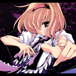 Rule 34 | 1girl, alice margatroid, ascot, blonde hair, female focus, foreshortening, hairband, outstretched hand, purple background, red eyes, short hair, solo, tooya, touhou, touya (the-moon)