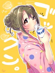 Rule 34 | 1girl, alternate hairstyle, blush, bottle, breasts, brown eyes, brown hair, drinking, folded twintails, from side, hands up, holding, holding bottle, idolmaster, idolmaster cinderella girls, idolmaster cinderella girls starlight stage, imai kana, jamu, japanese clothes, kimono, long hair, long sleeves, looking at viewer, medium breasts, milk bottle, motion lines, pink kimono, polka dot, polka dot kimono, signature, simple background, solo, steam, twintails, upper body, wide sleeves, yellow background