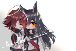 Rule 34 | 2girls, :d, animal ear fluff, animal ears, arknights, baocaizi, black capelet, black gloves, black hair, blush, brown eyes, brown hair, capelet, closed eyes, copyright name, exusiai (arknights), fingerless gloves, gloves, gradient background, grey background, hair over one eye, halo, highres, holding, jacket, long hair, long sleeves, looking at viewer, multiple girls, open mouth, parted lips, profile, short sleeves, sleeves past wrists, smile, texas (arknights), very long hair, white background, white jacket