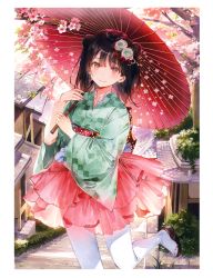 Rule 34 | 1girl, absurdres, black hair, blush, branch, closed mouth, day, double bun, dsmile, fingernails, flower, hair bun, hair ornament, highres, huge filesize, japanese clothes, layered skirt, leg up, lips, looking at viewer, medium hair, obi, oil-paper umbrella, original, outdoors, pantyhose, pink skirt, purple eyes, sandals, sash, scan, skirt, smile, solo, stairs, standing, standing on one leg, tree, umbrella, white pantyhose, wide sleeves