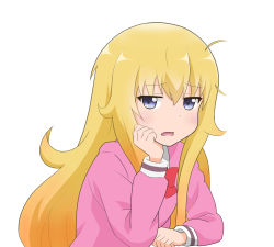 Rule 34 | 10s, 1girl, ahoge, annoyed, arm rest, blonde hair, blue eyes, bow, bowtie, cardigan, doctor-k, gabriel dropout, gabriel tenma white, hand on own face, head rest, jitome, looking at viewer, messy hair, open mouth, pink cardigan, school uniform, solo, white background
