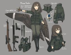Rule 34 | 1girl, assault rifle, asterisk kome, battle rifle, black footwear, bolt action, boots, brown eyes, brown gloves, brown hair, brown wings, browning hi-power, character name, english text, feathered wings, fn fal, full body, gloves, green jacket, green pants, grey background, gun, handgun, highres, jacket, knife, lee-enfield, load bearing vest, long hair, looking at viewer, miriam hawker, multiple views, pants, pistol, rifle, signature, simple background, sniper rifle, weapon, winged fusiliers, wings