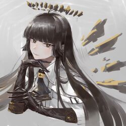 Rule 34 | 1girl, antenna hair, arknights, arm rest, arm support, ascot, belt, belt buckle, black ascot, black eyes, black gloves, black hair, blunt bangs, broken halo, buckle, closed mouth, collared jacket, commentary, cropped torso, dark halo, detached wings, elbow gloves, energy wings, from side, gloves, grey background, grey halo, grey wings, halo, hand on own chin, head rest, highres, hime cut, invisible floor, jacket, layered sleeves, light smile, lips, long hair, long sleeves, looking at viewer, looking to the side, lying, mole, mole under eye, on stomach, outstretched hand, pale skin, pixiv 19048923, short over long sleeves, short sleeved jacket, short sleeves, sidelocks, simple background, solo, symbol-only commentary, upper body, virtuosa (arknights), white belt, white jacket, wide sleeves, wing collar, wings, yellow pupils