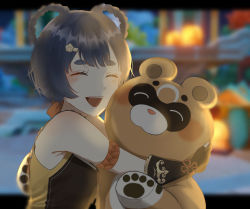 Rule 34 | 1girl, 1other, absurdres, animal ears, bare shoulders, bear, bear ears, black hair, chinese clothes, closed eyes, etodayo, eyebrows hidden by hair, fingerless gloves, genshin impact, gloves, guoba (genshin impact), hair ornament, hairclip, highres, hug, open mouth, outdoors, smile, xiangling (genshin impact)