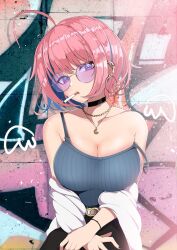 Rule 34 | 1girl, against wall, ahoge, bare shoulders, belt buckle, black choker, black nails, blue hair, bra strap, breasts, brick wall, buckle, chain necklace, choker, cigarette, cleavage, collarbone, commentary, ear piercing, earrings, hal (ojou), highres, hoop earrings, idolmaster, idolmaster cinderella girls, jewelry, large breasts, looking at viewer, mouth hold, multicolored hair, nail polish, necklace, piercing, pink hair, round eyewear, sitting, solo, sparkling eyes, strap slip, sunglasses, two-tone hair, yumemi riamu