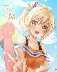 Rule 34 | 1girl, artist name, artist request, back bow, bare shoulders, blonde hair, blue sky, blue stripes, blue wristband, blush, bow, braid, breasts, brown eyes, cheerleader, cloud, collarbone, crop top, day, female focus, flower, french braid, hair between eyes, hair ornament, hair ribbon, hair tie, hairclip, heart, heart necklace, high ponytail, highres, hihana, jewelry, long hair, looking at viewer, love live!, love live! nijigasaki high school idol club, love live! school idol festival, miyashita ai, necklace, off shoulder, orange eyes, orange shirt, outdoors, parted lips, pom pom (cheerleading), ponytail, red flower, ribbon, saiko heart (love live!), scrunchie, shirt, short ponytail, side ponytail, single braid, single stripe, sky, small breasts, smile, solo, tank top, upper body, v, wrist cuffs, wrist scrunchie, wristband, yellow eyes