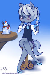 Rule 34 | 1girl, animal ears, ascot, black vest, blue ascot, blue background, blue footwear, blush, book, braid, colored skin, drantyno, flat chest, food, fruit, glasses, gradient background, grey eyes, grey hair, grey skin, grey skirt, hasbro, highres, holding, horse ears, horse girl, horse tail, ice cream, long hair, long sleeves, looking to the side, my little pony, my little pony: equestria girls, my little pony: friendship is magic, object in mouth, parfait, school uniform, shirt, shoes, silver spoon, sitting, skirt, stool, strawberry, table, tail, vest, white shirt