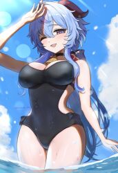 Rule 34 | 1girl, ahoge, artist name, bare shoulders, bell, blue hair, blue sky, blush, bow, breasts, cleavage, clothing cutout, cloud, covered navel, cowboy shot, ganyu (genshin impact), genshin impact, giantbaby 2021, gluteal fold, highres, horns, large breasts, long hair, looking at viewer, neck bell, one-piece swimsuit, one eye closed, open mouth, partially submerged, purple eyes, sidelocks, sky, smile, solo, standing, swimsuit, thigh gap, thighs, wet, wet clothes