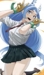 Rule 34 | 1girl, absurdres, blue eyes, blue hair, blush, boku no hero academia, fengling (furin-jp), gloves, hadou nejire, highres, jumping, legs, long hair, looking at viewer, midair, necktie, open mouth, school uniform, simple background, skirt, sleeves rolled up, socks, solo, v, white background