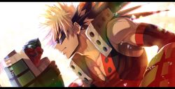 Rule 34 | 1boy, armpits, bakugou katsuki, blonde hair, boku no hero academia, clenched hand, gloves, glowing, green gloves, highres, lens flare, letterboxed, light brown hair, looking ahead, mask, mkm (mkm storage), muscular, muscular male, pectoral cleavage, pectorals, red eyes, signature, solo, sparkle, spiked hair, superhero costume