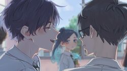 Rule 34 | 1girl, 2boys, black hair, blue eyes, blue hair, blurry, blush, book, brown hair, closed eyes, collared shirt, day, depth of field, glasses, hetero, highres, holding, holding book, indoors, laughing, long sleeves, looking at another, looking to the side, mi (pic52pic), multiple boys, necktie, original, ponytail, portrait, profile, school uniform, shirt, short hair, sky, striped necktie, upper body, white shirt, window