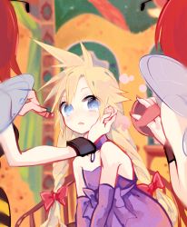 Rule 34 | 1boy, 2girls, applying makeup, bare shoulders, bee costume, blonde hair, blue eyes, blush, bow, braid, cloud strife, cosmetics, crossdressing, dress, elbow gloves, final fantasy, final fantasy vii, gloves, hair between eyes, hair bow, hand on another&#039;s cheek, hand on another&#039;s face, highres, holding, holding lipstick tube, indoors, insect wings, lipstick tube, long hair, makeup, multiple girls, nail polish, parted lips, pendant choker, purple bow, purple dress, red bow, red hair, red nails, saru (shimanokyouken), spiked hair, square enix, strapless, strapless dress, twin braids, upper body, wall market, wings, wrist cuffs