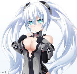 Rule 34 | 10s, 1girl, aqua eyes, artist name, bad id, bad pixiv id, bare shoulders, black heart (neptunia), blush, bracer, breasts, center opening, cleavage, covered navel, elbow gloves, embarrassed, gloves, hair between eyes, halterneck, headgear, keenh, leotard, long hair, looking at viewer, magical girl, neptune (series), no bra, noire (neptunia), power symbol, power symbol-shaped pupils, puff of air, raised eyebrows, sidelocks, signature, solo, strap lift, symbol-shaped pupils, twintails, upper body, very long hair, white background, white hair