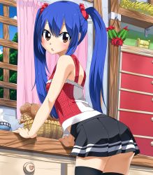 Rule 34 | absurdres, arm support, black skirt, black thighhighs, blue hair, blush, bread, brown eyes, cowboy shot, day, fairy tail, food, hair between eyes, hair ornament, hair scrunchie, highres, huge filesize, indoors, leaning forward, long hair, looking at viewer, miniskirt, open mouth, planeptune, pleated skirt, red shirt, scrunchie, shiny skin, shirt, skirt, sleeveless, solo, standing, steam, thighhighs, twintails, very long hair, wendy marvell, window, zettai ryouiki