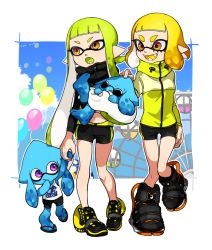 Rule 34 | 2girls, 2others, agent 3 (splatoon), agent 4 (splatoon), balloon, bike shorts, black footwear, black shirt, black shorts, blonde hair, blue sky, blunt bangs, carrying, child, child carry, cloud, cloudy sky, colored tongue, commentary, day, fangs, ferris wheel, green hair, green tongue, high tops, holding hands, inkling, inkling girl, inkling player character, jacket, long hair, long sleeves, looking at another, multiple girls, multiple others, nintendo, open mouth, orange eyes, outside border, pointy ears, shirt, shoes, short hair, shorts, single vertical stripe, sky, smile, sneakers, splatoon (series), splatoon 1, splatoon 2, squidbeak splatoon, standing, standing on one leg, tentacle hair, vest, walking, yellow footwear, yellow jacket, yellow tongue, yellow vest, yeneny