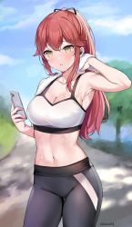 Rule 34 | 1girl, armpits, artist name, bad id, bad twitter id, bare arms, bare shoulders, black pants, black ribbon, blurry, blurry background, blush, breasts, breath, cellphone, cleavage, collarbone, cowboy shot, crop top, day, hair ribbon, hand in own hair, hand up, highres, holding, holding phone, kaetzchen, liliya (kaetzchen), long hair, looking at viewer, medium breasts, midriff, navel, open mouth, original, outdoors, pants, phone, ponytail, ribbon, sleeveless, smartphone, smile, solo, sports bra, standing, stomach, sweat, tree, yellow eyes, yoga pants