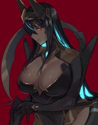 Rule 34 | 1girl, arm armor, armored gloves, armored leotard, black hair, blue hair, breasts, cleavage, colored inner hair, dark-skinned female, dark skin, glowing, glowing hair, goddess of victory: nikke, headgear, indivilia (nikke), large breasts, looking at viewer, mechanical tail, multicolored hair, red background, red eyes, sakuhane saiga, solo, tail