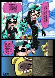 Rule 34 | +++, 1girl, black dress, black gloves, black hair, blue hair, blush, callie (splatoon), closed eyes, closed mouth, comic, costume, dress, earrings, eyebrows, fangs, formal, gloves, hat, heart, highres, inkling, jewelry, marie (splatoon), mole, mole under eye, multicolored hair, musical note, nintendo, open mouth, pointy ears, quaver, smile, speech bubble, splatoon (series), splatoon 1, spoken musical note, tentacle hair, thick eyebrows, thought bubble, translation request, usa (dai9c carnival), yellow eyes