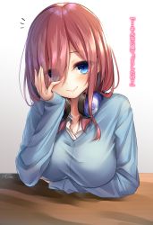 Rule 34 | 1girl, arm support, bad id, bad pixiv id, blouse, blue cardigan, blue eyes, blush, breasts, brown hair, cardigan, closed mouth, collarbone, collared shirt, commentary request, dress shirt, eyes visible through hair, go-toubun no hanayome, gradient background, grey background, hair over one eye, hand up, head tilt, headphones, headphones around neck, highres, large breasts, long hair, long sleeves, looking at viewer, nakano miku, notice lines, ramchi, shirt, signature, sleeves past wrists, smile, solo, swept bangs, table, translation request, upper body, white shirt, wooden table