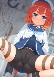 Rule 34 | 1girl, abyssal ship, ass, bike shorts, blue eyes, blue skirt, braid, chain, cleft of venus, clothes lift, commentary request, dutch angle, etorofu (kancolle), hat, highres, hook, kantai collection, lifting own clothes, looking at viewer, pleated skirt, red hair, school uniform, serafuku, short hair, shorts, shorts under skirt, sickle, skirt, skirt lift, solo, spread legs, squatting, tachimi (basue), thick eyebrows, thigh strap, twin braids, white background