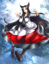 Rule 34 | 1girl, animal ears, breasts, brooch, brown hair, dress, fingernails, imaizumi kagerou, jewelry, large breasts, long hair, long sleeves, open mouth, red eyes, solo, touhou, umigarasu (kitsune1963), wide sleeves, wolf ears