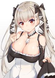 Rule 34 | 1girl, azur lane, bare shoulders, between breasts, black dress, bow, breasts, cleavage, closed mouth, clothes lift, collarbone, detached collar, dress, dress lift, formidable (azur lane), frilled dress, frills, hair bow, hand up, large breasts, long hair, long sleeves, looking at viewer, noboru (kamine204136), red eyes, silver hair, simple background, solo, twintails, upper body, very long hair, white background