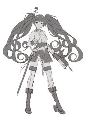 Rule 34 | 1girl, absurdres, alternate hairstyle, blunt bangs, full body, greyscale, gun, headgear, helena (kancolle), highres, kantai collection, looking at viewer, military uniform, monochrome, neve (morris-minicooper), panties, pleated skirt, rifle, rudder footwear, skirt, solo, thighhighs, twintails, underwear, uniform, weapon