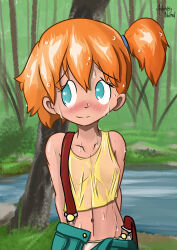 Rule 34 | 1girl, absurdres, arms behind back, artist name, blue eyes, blush, breasts, closed mouth, collarbone, creatures (company), denim, denim shorts, female focus, game freak, hair tie, highres, midriff, misty (pokemon), moderately ashamed (pixiv15714645), navel, nintendo, nipples, nose blush, orange hair, outdoors, pokemon, pokemon (anime), pokemon (classic anime), see-through, see-through shirt, shirt, short hair, shorts, side ponytail, small breasts, smile, standing, suspender shorts, suspenders, suspenders slip, unbuttoned, upper body, wet, wet clothes, wet hair, wet shirt
