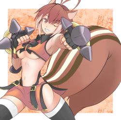 Rule 34 | 1girl, animal ears, antenna hair, arc system works, bad id, bad pixiv id, blazblue, blazblue: continuum shift, boots, breasts, brown eyes, brown hair, clenched teeth, fingerless gloves, gloves, grin, kanten (kanten328), large breasts, makoto nanaya, midriff, navel, one eye closed, orange skirt, revealing clothes, skirt, smile, solo, squirrel ears, squirrel tail, tail, teeth, thigh boots, thighhighs, tonfa, underboob, weapon, wink