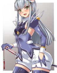 Rule 34 | 1girl, akane (ar tonelico), ar tonelico, ar tonelico iii, blush, breasts, detached sleeves, gloves, grey hair, hair ornament, hajime shindo, long hair, looking at viewer, open mouth, shorts, smile, solo, sword, thighhighs, weapon, white shorts, yellow eyes