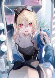 Rule 34 | 1girl, black bow, black camisole, blonde hair, bow, breasts, broken mirror, camisole, crying, crying with eyes open, hair between eyes, hair bow, highres, holding, holding scissors, jacket, long hair, medium breasts, mirror, miwano rag, open clothes, open jacket, original, red eyes, reflection, scissors, tears