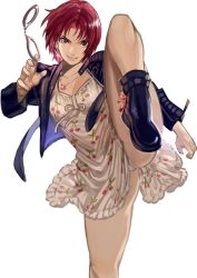 Rule 34 | 1girl, ankle boots, backlighting, bare legs, black footwear, black jacket, boots, breasts, cherry print, cleavage, commentary, cuffs, dress, earrings, english commentary, fighting stance, fingernails, food print, grin, han soo-min (hanny), handcuffs, hanny (uirusu chan), highres, jacket, jewelry, leather, leather jacket, looking at viewer, necklace, open clothes, open jacket, original, panties, pantyshot, pendant, print dress, purple eyes, rabbit earrings, red hair, short dress, short hair, small breasts, smile, solo, standing, standing on one leg, sundress, thick thighs, thighs, underwear, white background, white panties