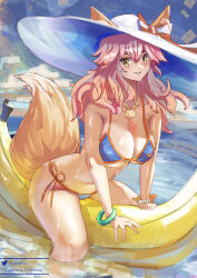 Rule 34 | 1girl, absurdres, animal ear fluff, animal ears, banana boat, bikini, blue bikini, breasts, cleavage, collarbone, ears through headwear, fate/grand order, fate (series), fox ears, fox girl, fox tail, genthus, hat, hat ribbon, highres, large breasts, long hair, looking at viewer, ocean, open mouth, outdoors, partially submerged, pink hair, ribbon, side-tie bikini bottom, solo, sun hat, swimsuit, tail, tamamo (fate), tamamo no mae (fate/extra), tamamo no mae (swimsuit lancer) (fate), tamamo no mae (swimsuit lancer) (third ascension) (fate)