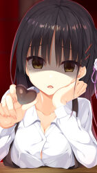 Rule 34 | 1girl, angry, aria (koiiroharemoyou), black hair, braid, breast rest, breasts, breasts on table, cafe stella to shinigami no chou, candy, chestnut mouth, chocolate, chocolate heart, cleavage, collarbone, collared shirt, commentary, eyelashes, eyes visible through hair, fingernails, flower, food, furrowed brow, hair between eyes, hair flower, hair ornament, hair ribbon, hairclip, hand on own cheek, hand on own face, head tilt, heart, highres, holding, holding chocolate, holding food, large breasts, long hair, looking at viewer, mole, mole under eye, open mouth, pink ribbon, pov, reaching, reaching towards viewer, red background, ribbon, shaded face, shiki natsume, shirt, side braid, sidelocks, simple background, solo, suspenders, white shirt, yellow eyes