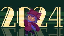Rule 34 | 1other, 2024, animal ears, animated, animated gif, arms up, avolicis, blue hair, blue scarf, brown headwear, brown tunic, dancing, fireworks, green background, highres, new year, niko (oneshot), oneshot (game), pants, pixel art, raised eyebrows, scarf, smug, very long sleeves, waving arms, yellow eyes
