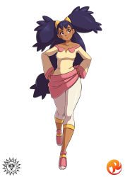 Rule 34 | 10s, 1girl, aged up, bad deviantart id, bad id, bare shoulders, big hair, bow, breasts, brown eyes, capri pants, creatures (company), dark-skinned female, dark skin, game freak, gym leader, hands on own hips, head tilt, highres, iris (pokemon), long hair, maniacpaint, nintendo, pants, patreon, pokemon, pokemon bw2, purple hair, sarong, shoes, small breasts, smile, sneakers, solo, two side up, very long hair, waist bow, walking, white background, wide hips
