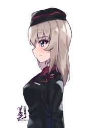 Rule 34 | 1girl, artist name, black hat, black jacket, blue eyes, closed mouth, commentary, dress shirt, from side, frown, garrison cap, girls und panzer, hat, highres, insignia, itsumi erika, jacket, kimi tsuru, kuromorimine military uniform, long sleeves, looking to the side, medium hair, military, military hat, military uniform, shirt, silver hair, simple background, solo, twitter username, uniform, upper body, white background