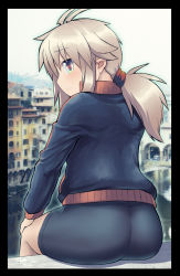Rule 34 | 1girl, antenna hair, bike shorts, black border, black jacket, black shorts, blush, border, brown hair, closed mouth, commentary request, day, from behind, green eyes, hair between eyes, highres, jacket, koshirae tsurugi (m.m), long hair, looking at viewer, looking back, low ponytail, m.m, original, outdoors, ponytail, short shorts, shorts, sitting, solo, track jacket